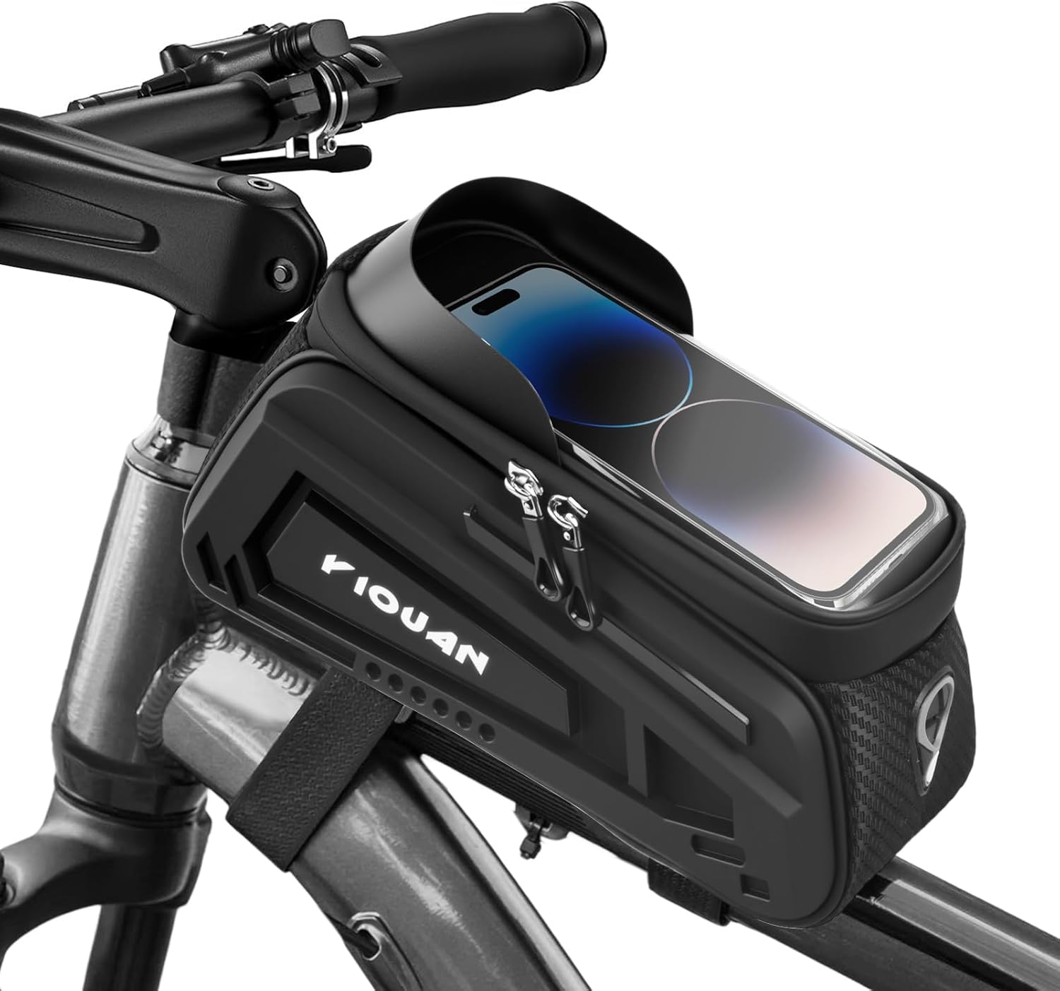 Focenat Sacoche Vélo Étanche, Sacoche Cadre Velo avec Écran Tactile en TPU, Sacoche Guidon VTT, Support Téléphone Velo pour Jusqu’ à Téléphone de 8" (24×12×12cm)