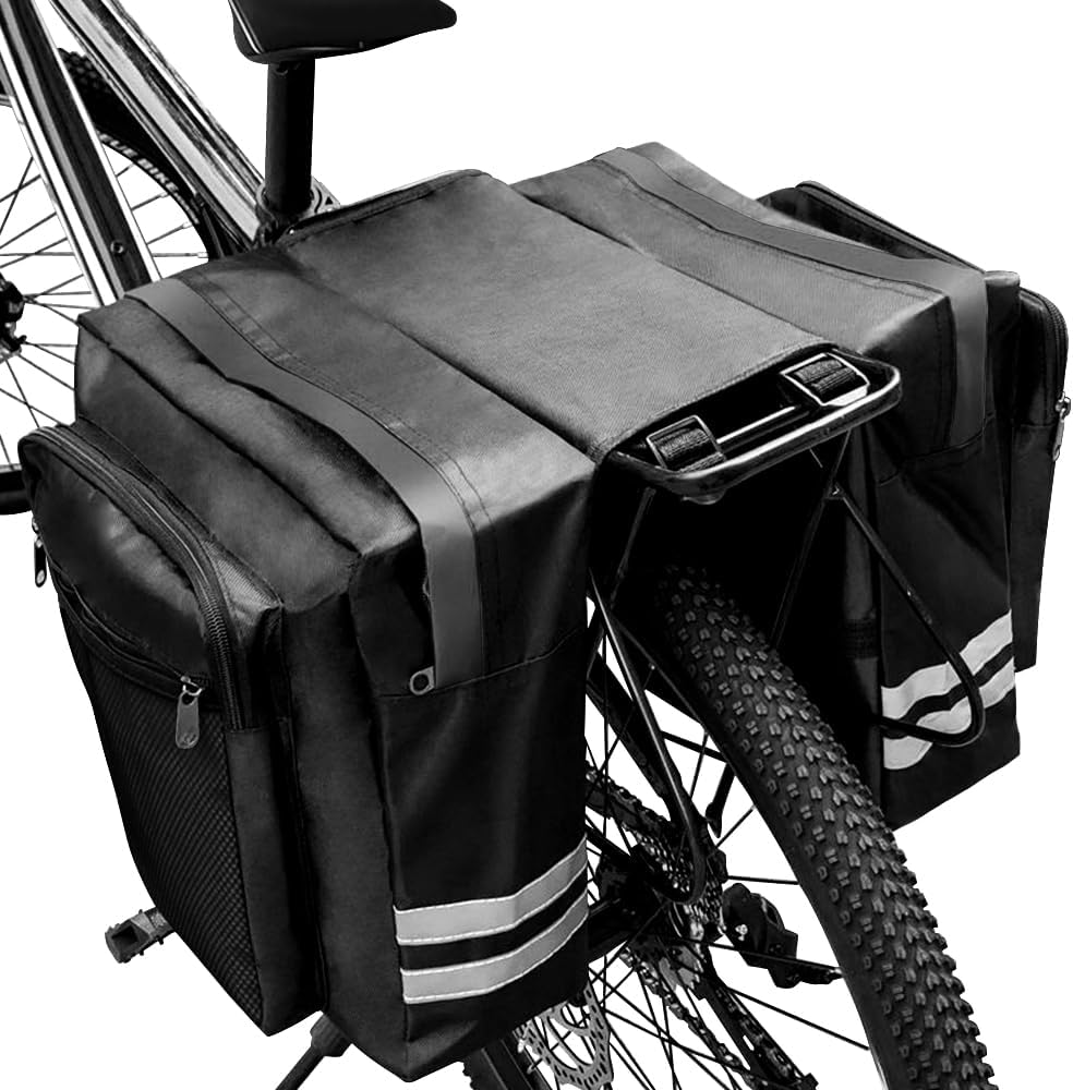 Tyuodna Sacoche de vélo pour porte-bagages arrière - Étanche - 30 l - Double sacoche de selle pour porte-bagages - Avec bandes fluorescentes - Noir