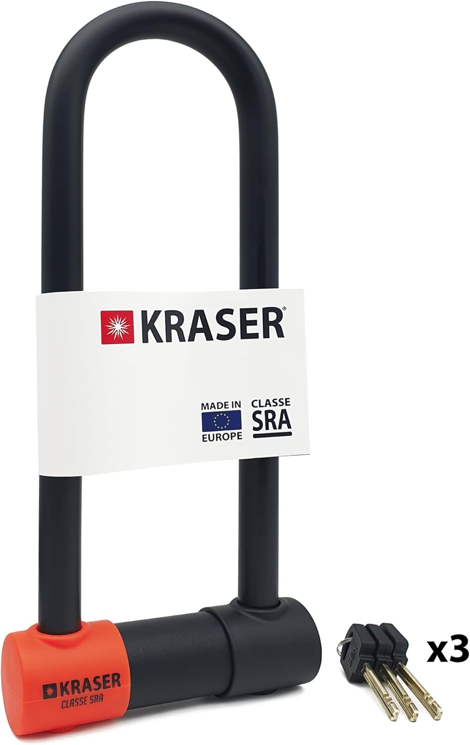 KR85L Antivol Moto Homologué SRA - Promo Model Plus Robust - U ø18mm Acier Cémenté, Double Verrouillage, 3 Clés Haute Sécurité Anti-crochetage, Recommandé Assurances, Antivol Vélo en U 85x300mm 85x310