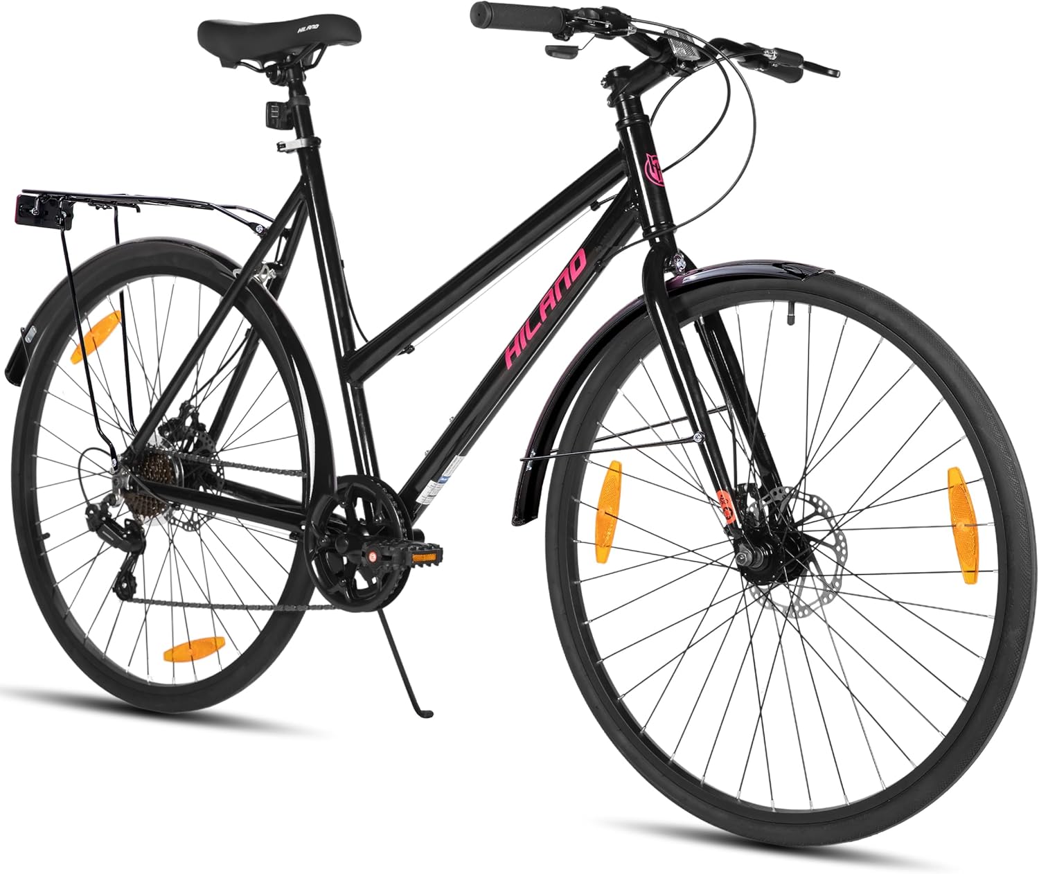 Hiland 700C Vélo de Route, vélo de Trajet Urbain 7 Vitesses 28 Pouces, vélo Confortable pour Adultes avec Freins à Disque, Unisexe, Noir/Bleu/Rose/Blanc