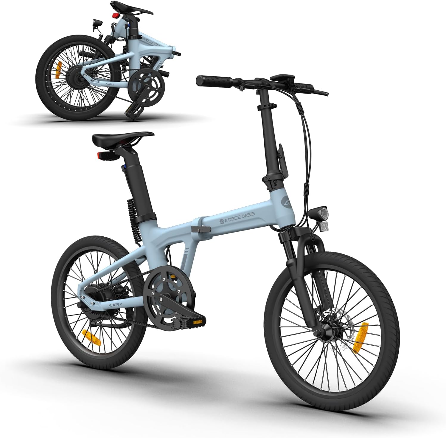 Vélo électrique Pliant ADO Air20S 20", Léger 18,5 kg, Entraînement par Courroie, Max 25km/h, Pédalage Assisté, Capteur de Couple, Batterie 36 V 9,6 Ah, Autonomie de100 KM (Version Amortisseur) Bleu