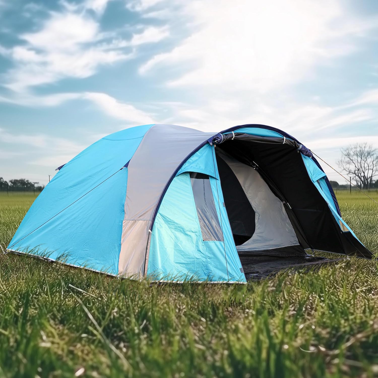 Tente de camping pour 3 à 4 personnes, imperméable, coupe-vent, légère et stable, ultra légère, bleue classique