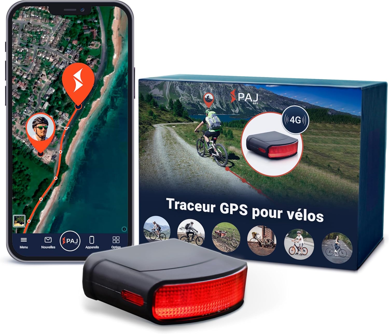 Tracker GPS PAJ Feu arrière vélo - Localisation 4G en Temps réel avec Alerte de Chute, Historique des trajets, Alarme vélo GPS pour vélos/VTTAE, étanche, 20 Jours d’autonomie