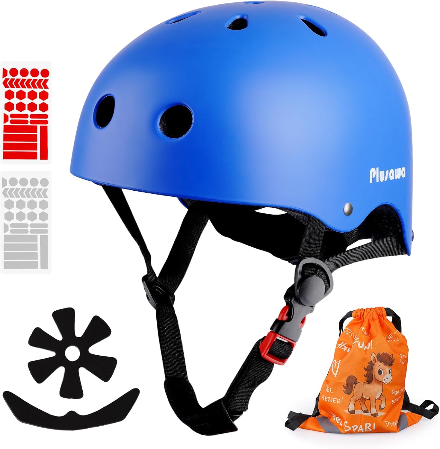 Plusawa Casque Enfant Certifié EN1078 CE，Casque de vélo pour Enfant, mentonnière réglable，Réfléchissant - Vélo, Roller, Patins - Inclut Autocollants 3D + Sac