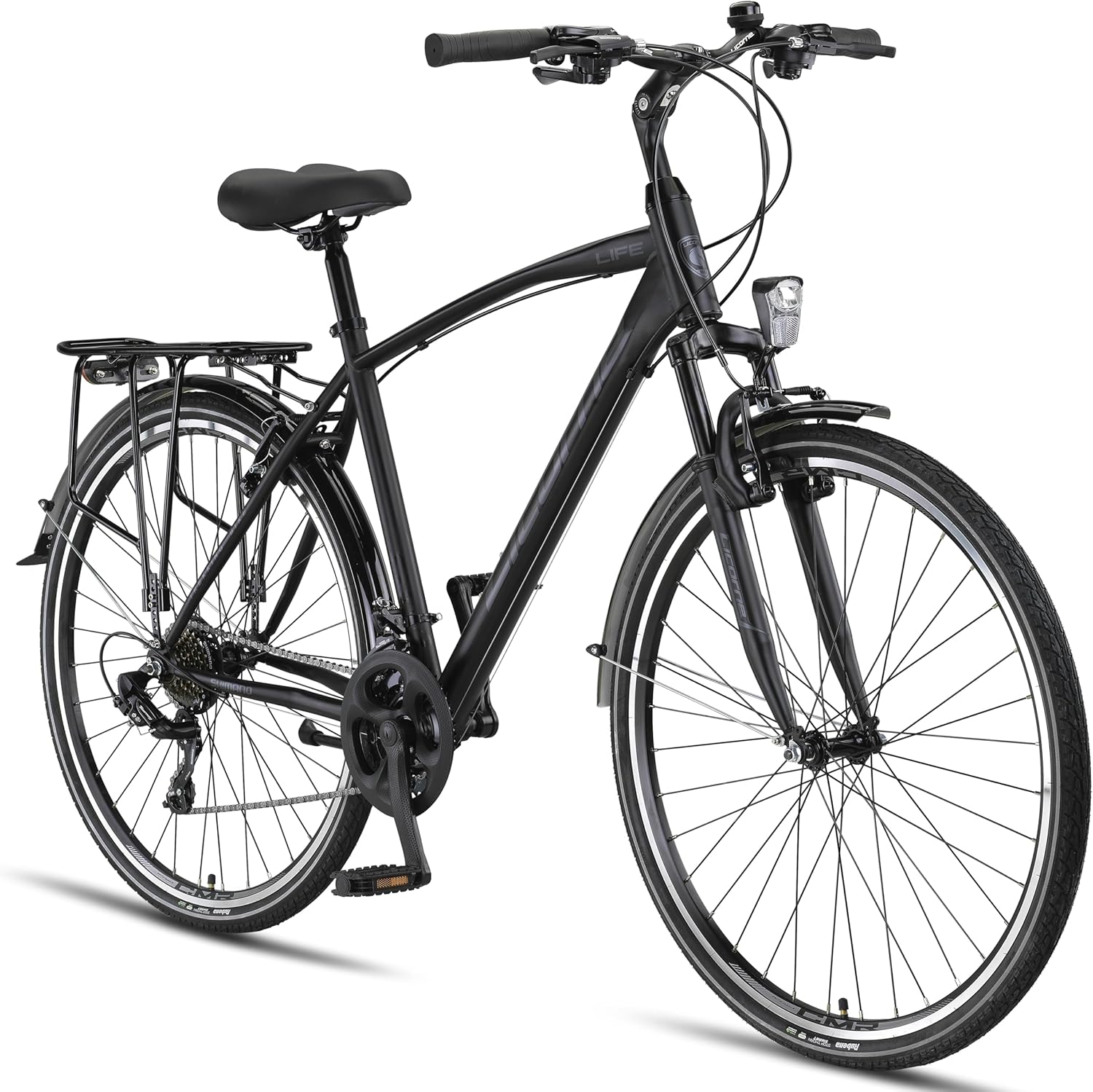 Licorne Bike Life M-V Vélo de randonnée, de qualité supérieure, 28 ’’, pour garçons, filles, femmes et hommes, avec dérailleur Shimano à 21 vitesses noir/gris 28.0 Pouces