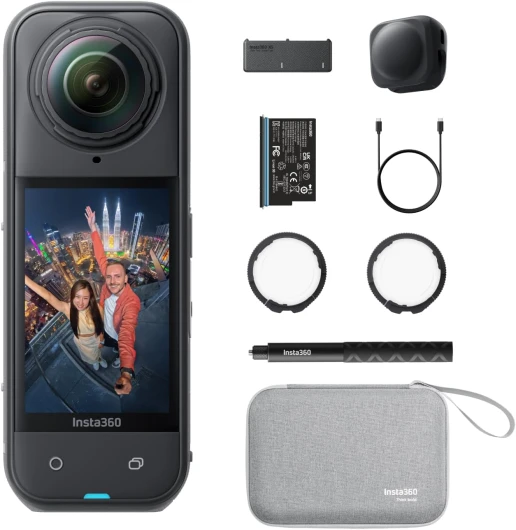 X5 Pack Essentiels - caméra d'action 360° 8K étanche, Basse lumière de Pointe, Perche à Selfie Invisible, objectifs Robustes et remplaçables, 3h d'autonomie, Pare-Vent intégré Noir minuit Pack essentiels