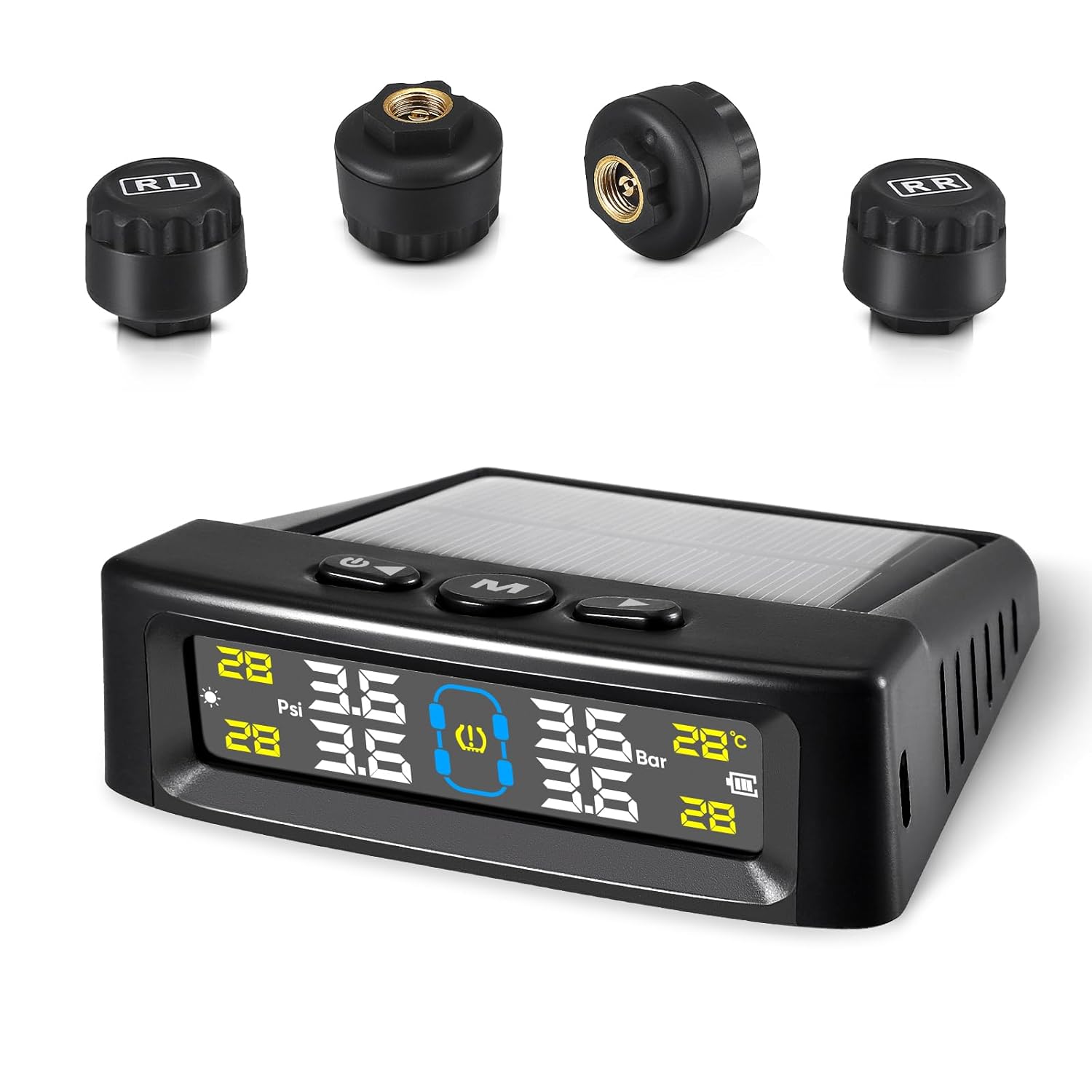 Système de Contrôle de la Pression des Pneus TPMS, étanche IPX7, Support Charge Solaire,Capteur Pression Pneu avec écran LCD Couleur et 4 Capteurs Externes,0-5 bar pour Voitures, Caravanes,Camions