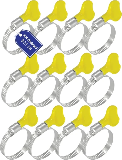 Lot de 12 colliers de serrage de avec écrou papillon en acier inoxydable - Collier de serrage de 9 mm pour piscine, machine à laver, voiture (25-38mm Jaune - 12 Pièces)