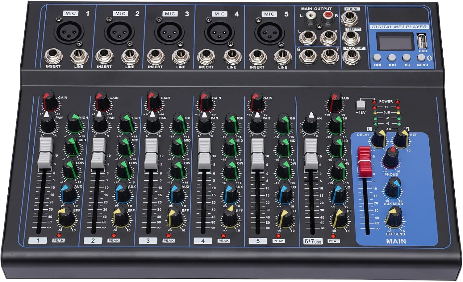 Table de mixage audio professionnelle à 7 canaux, console de son m/USB DJ Sound Console de mixage MP3 Prise d'entrée 48 V alimentation fantôme pour enregistrement DJ scène musique