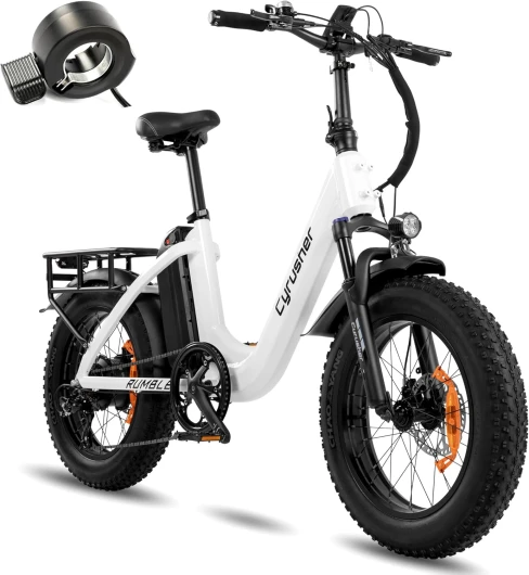 Vélo électrique Rumble 20 Pouces pour Adulte, 25km/h 48V10Ah 108 km, Ebike sans permis requis, Shi-Mano 7 Vitesses, Freins hydrauliques, entièrement en Alliage d'aluminium Blanc, sans permis requis, phare amélioré offert