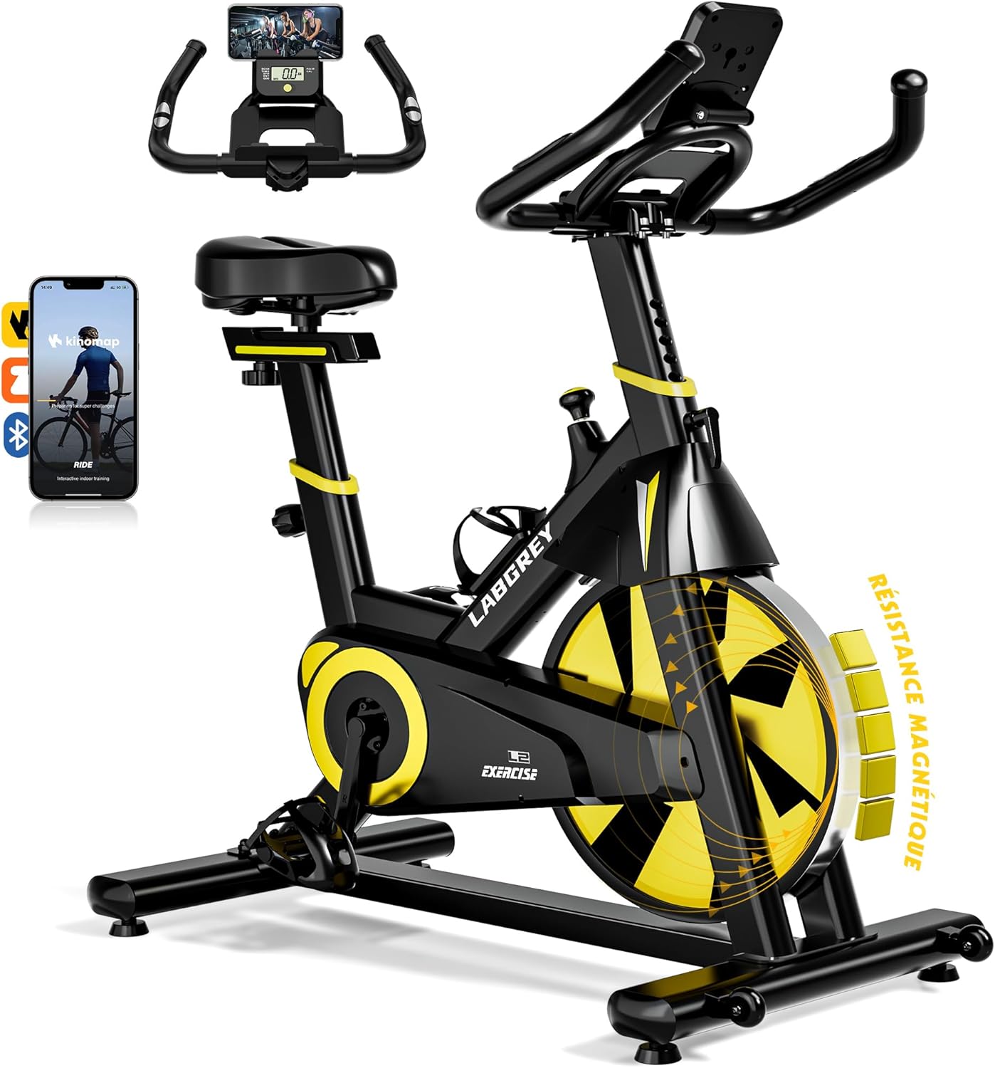 Vélo d'Appartement, Vélo de Fitness d'Exercice d'Intérieur Silencieux avec Écran LCD, Guidon et Siège Réglables, Résistance Ajustable pour l'Entraînement Cardio à la Maison Jaune