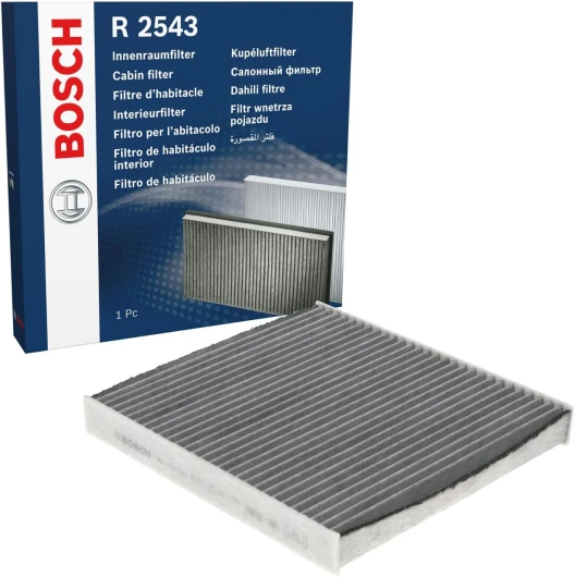 Bosch R2543 Filtre d'Habitacle à Charbon Actif de Remplacement - Contre les Mauvaises Odeurs, le Pollen et la Poussière pour un air plus pur à l’Intérieur du Véhicule Anti-odeurs au charbon actif