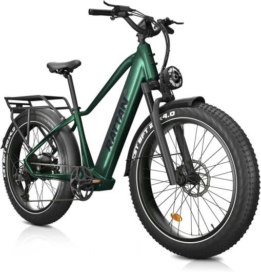 Rattan Pathfinder Vélo Électrique 26" Fat Bike Adulte, Batterie 48V 15AH, Autonomie 105 km, Freins & Suspension Hydraulique, 7 Vitesses Vert Pathfinder