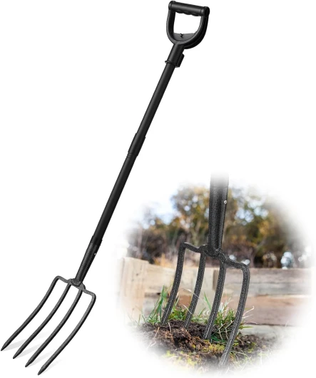 127cm Fourche à Bêcher, Fourche Plate pour Dureté Fourche Plate à 4 Dents avec Poignée en D Fourche à Creuser en Métal pour Creuser et Desserrer/Noir