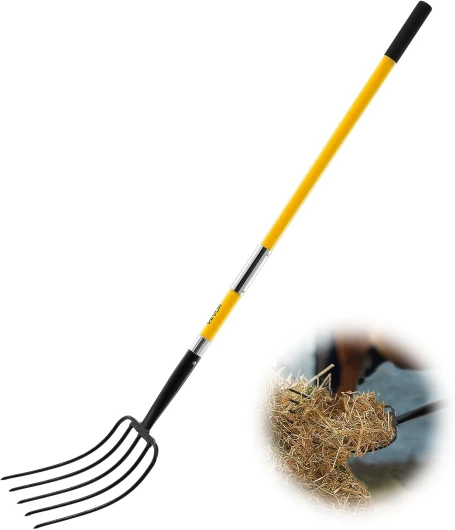 Fourche de Jardin à 5 Dents, Fourche à Foin avec Manche en Fibre de Verre, Longueur Totale 145 cm, pour Déplacer Paille, Ramasser Foin, Manipuler Tas de Feuilles, Non Conçu pour Creuser Bêcher 5-Tine Poignée en fibre de verre et fourche en acier