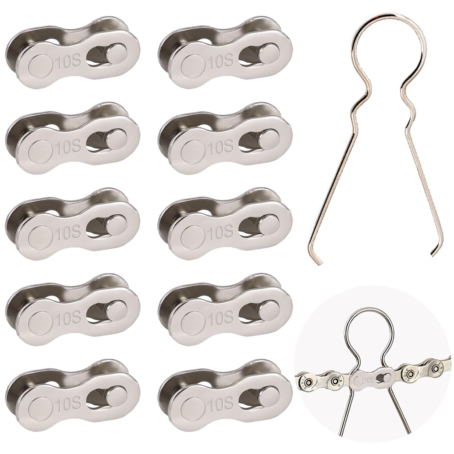KASESSS 10 Paires Attache Rapide Chaine Velo, Maillon Rapide Chaine Velo pour Chaîne de 10 Vitesses, Acier au Carbone Chaine Vtt avec Outil de Démontage Simple, Chaine Velo pour VTT, Vélos de Course