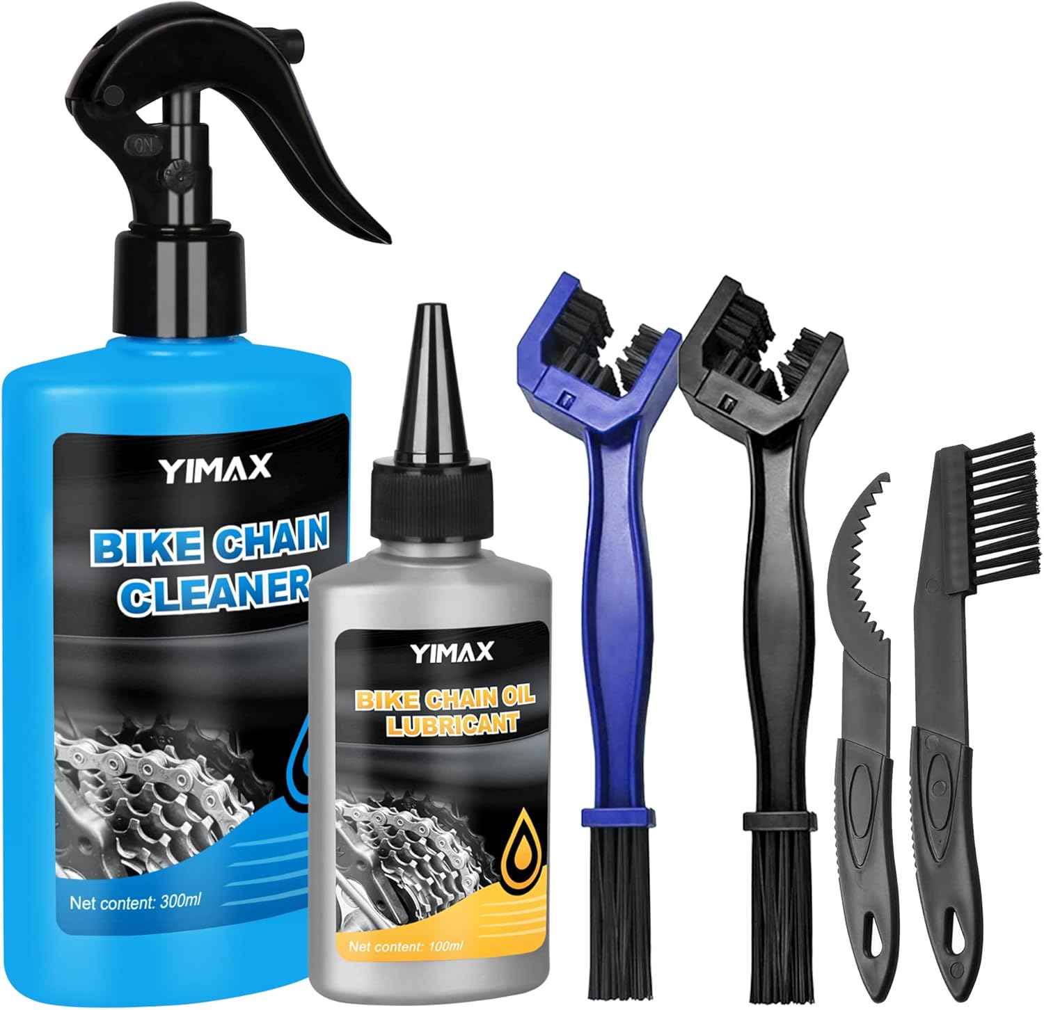 YIMAX Nettoyant pour Chaîne de Vélo, Kit de Nettoyage pour Vélos avec 100 ml Huile pour Chaîne de Vélo et 300 ml Spray de Nettoyage, Kit Nettoyant Lubrifiant pour Chaîne avec Brosses Spray+Oil
