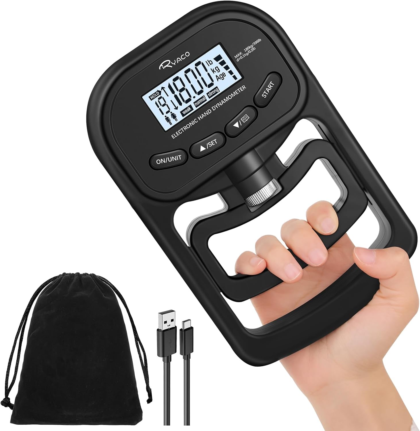 Ryaco Powermètre numérique à main - 180 kg - Rechargeable - Dynamomètre électronique - Couteau de force de préhension - Entraîneur de force de préhension - Avec écran LCD - Pour le sport, la maison