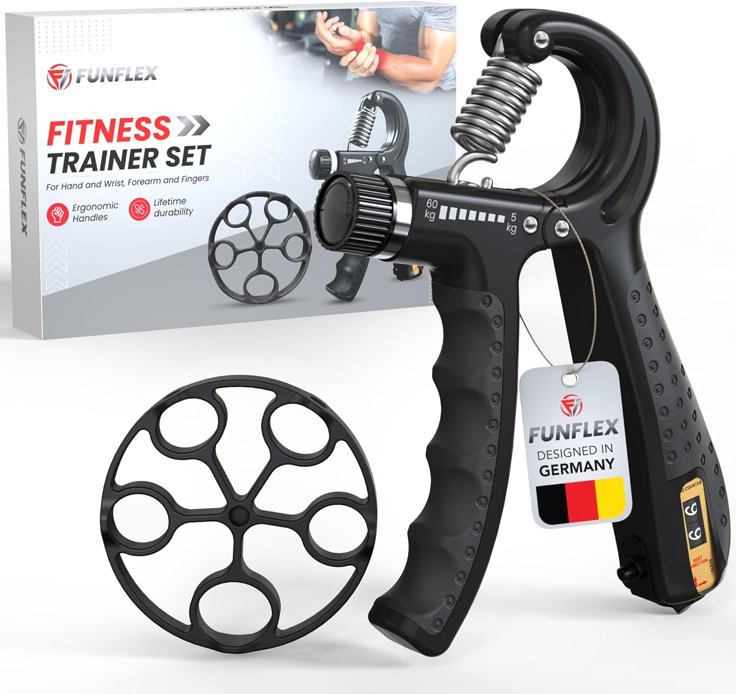 FUNFLEX Appareil d'Entraînement de la Force de Préhension – Set de Renforcement Musculaire pour doigts, Mains et Avant-bras – Résistance réglable 5 à 60 kg avec compteur intégré Noir -1