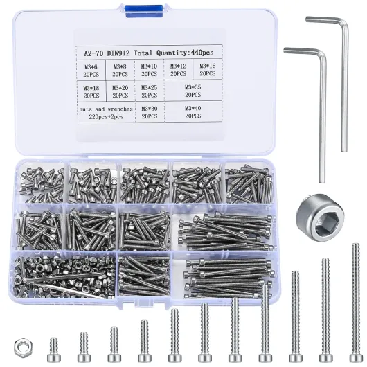 440 Pièces M3 Jeu de Vis et écrous, Vis Boulon et écrous à Tête Hexagonale Acier Inoxydable, Vis Six Pans Creux, Boulons avec Tete Cylindrique Assortiment