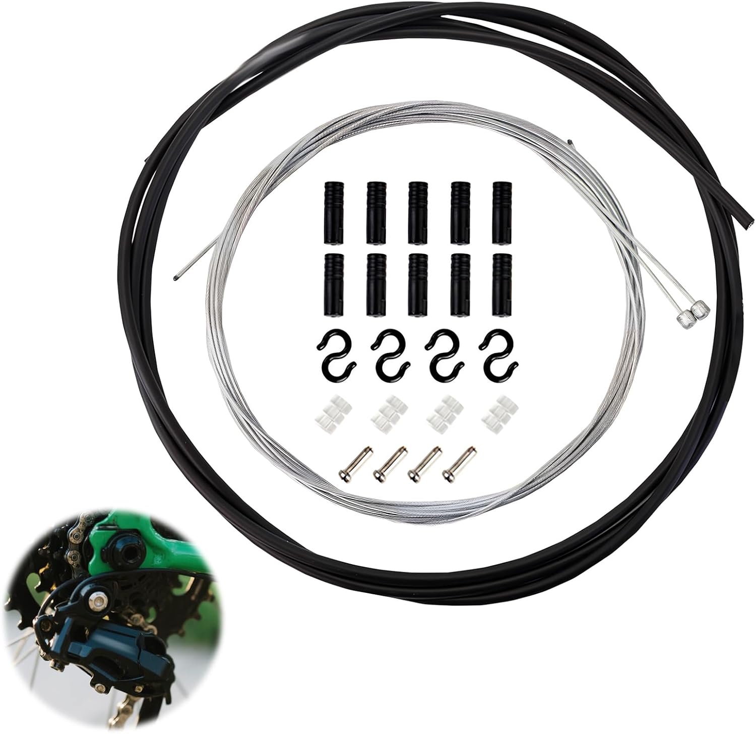 Kit de Câbles de Dérailleur pour Vélo, Wefaly 2 m Gaine de Câble Vélo avec Câbles de Dérailleur Internes Embouts Embouts de Câble Crochets en S et Joints Toriques pour VTT Vélo de Route Vélo Pliant