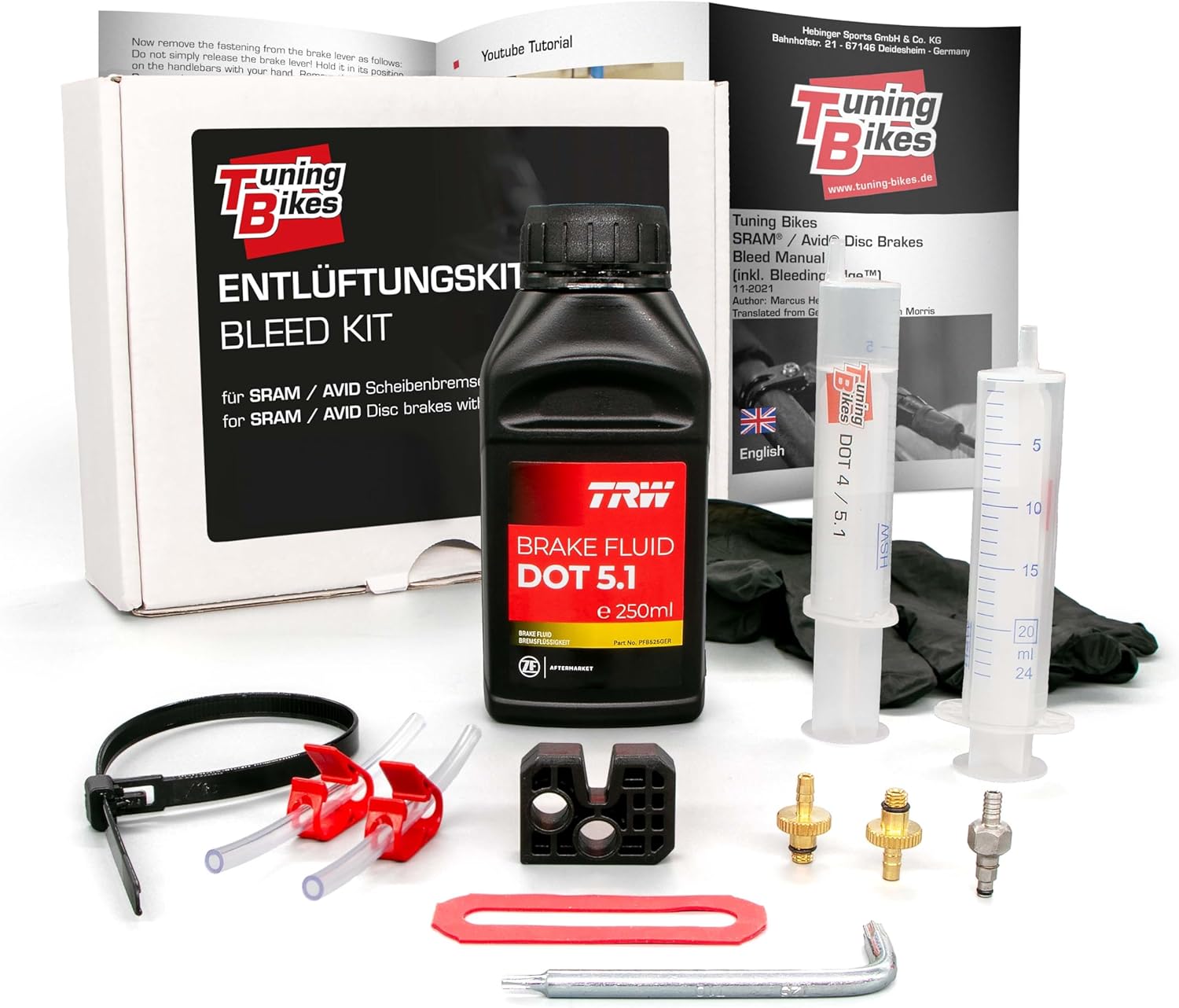 Kit de purge TB pour freins à disque SRAM/AVID (Bleeding Edge inclus) – Kit complet comprenant du liquide de frein DOT 5.1, un bloc de purge pour freins tels que Avid Elixir SRAM Code, etc.