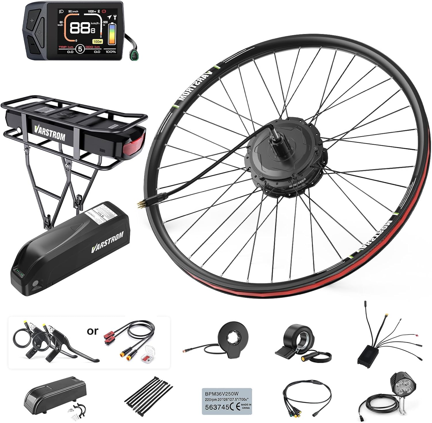 Varstrom Kit de Conversion E-Bike 500W/750W – Moteur de Moyeu Arrière 48 V 448 TR/Min avec Contrôleur Amélioré, Écran, Capteur Pas et Batterie Optionnelle – Kit Vélo Électrique pour Ville et Montagne