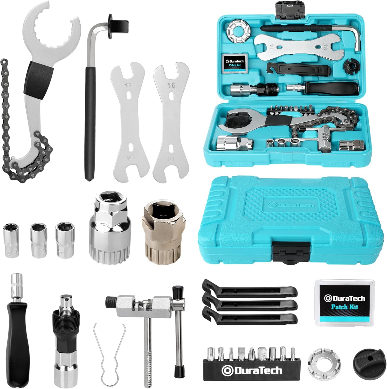 DURATECH Kit d'Outils de Réparation pour Vélo 31 pièces avec Mallette Pratique, Ensemble d'Outils de Vélo Portable pour la Réparation des Pneus, des Chaînes et du Pédalier