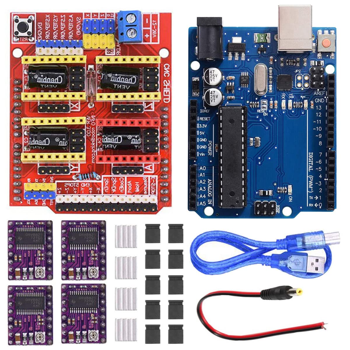 Youmile CNC Shield V3.0 Kit de carte d'extension avec carte pour Arduino, pilote de moteur pas à pas DRV8825 4PCS et dissipateur thermique, capuchon de cavalier 10PCS, câble USB pour machine à graver