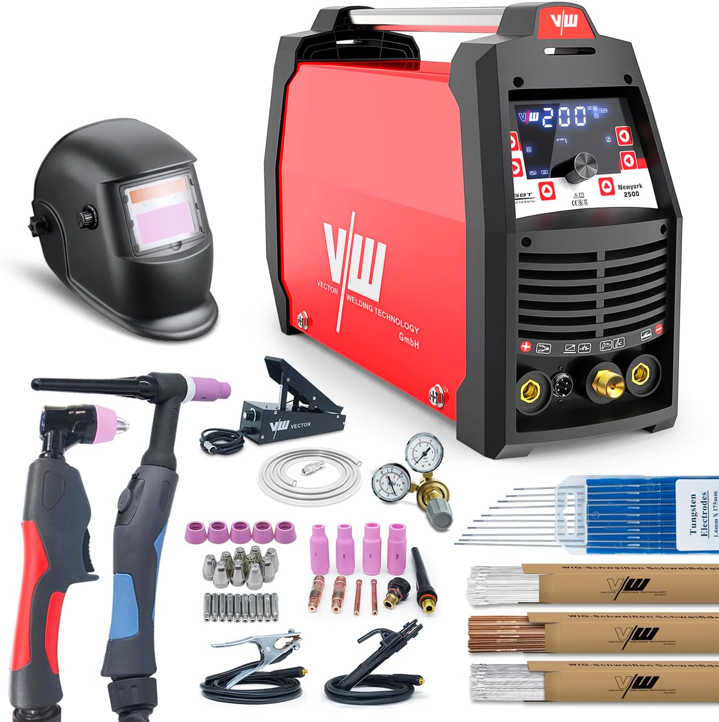 New York 2500 AC/DC WIG Poste à souder 200 A + coupe-plasma 50 A - Écran numérique, allumage HF, MMA 170A - Avec casque, pédale et accessoires - Pour aluminium, acier inoxydable, acier NewYork 2500 SET