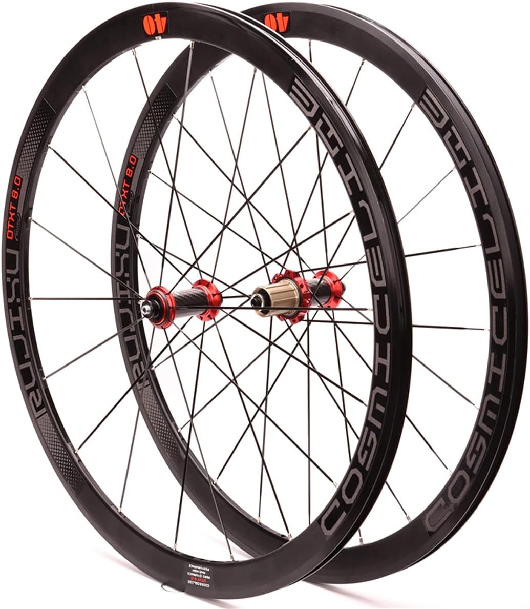 Paire Roues Vélo Route 700c Roue Vélo Course Jantes Double Paroi 40mm 8-11 Vitesses Cassette Moyeu en Fibre De Carbone Roue À Dégagement Rapide Frein sur Jante 1900g 700C Red Hub