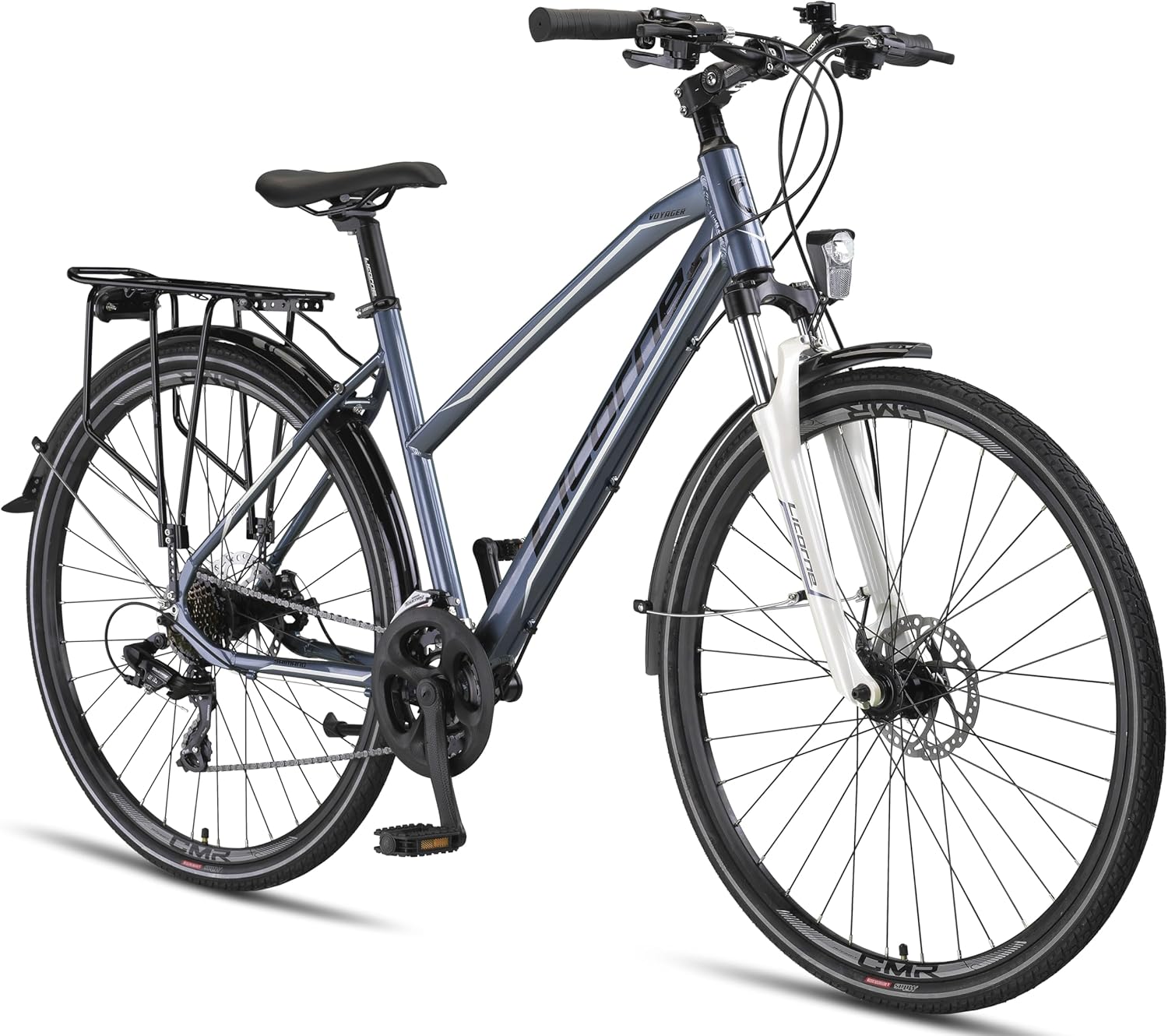 Licorne Bike Vélo de trekking 28’’, avec frein à disque en aluminium, 21 vitesses, VTT, vélo de cross, pour femme, homme, garçon, fille Bleu titane pour femme