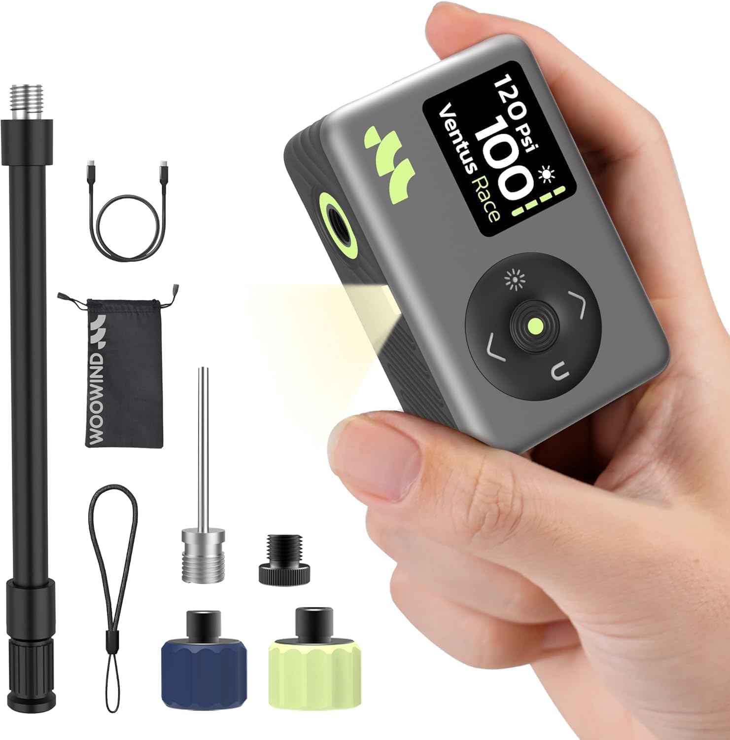 Ventus Race Pompe à Vélo Portable avec Jauge de Pression Digitale, 120 PSI, Rechargeable pour Vélo de Route, VTT, Ballons de Sport, Valves Schrader et Presta