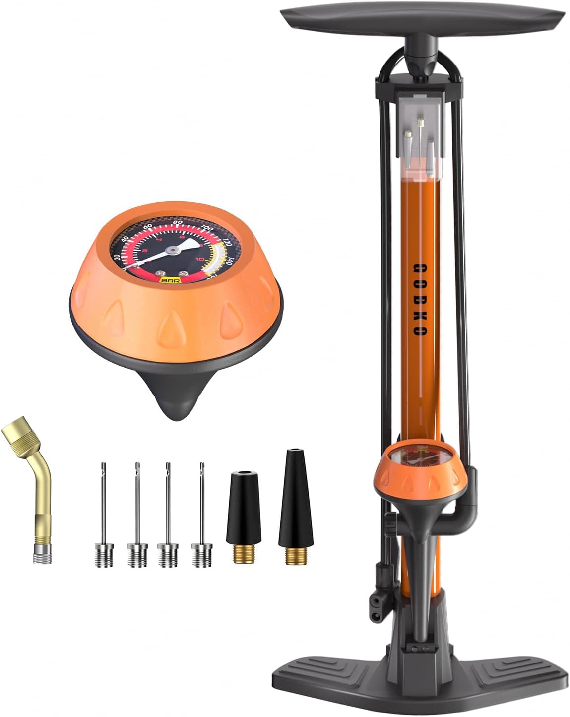 Pompe à vélo sur pied avec manomètre - Pompe à vélo avec Presta et Schrader - Pompe à air multifonction pour vélo de route, VTT, ballon de sport - Haute pression - 160 psi et 11 bar Pleine taille et mécanique