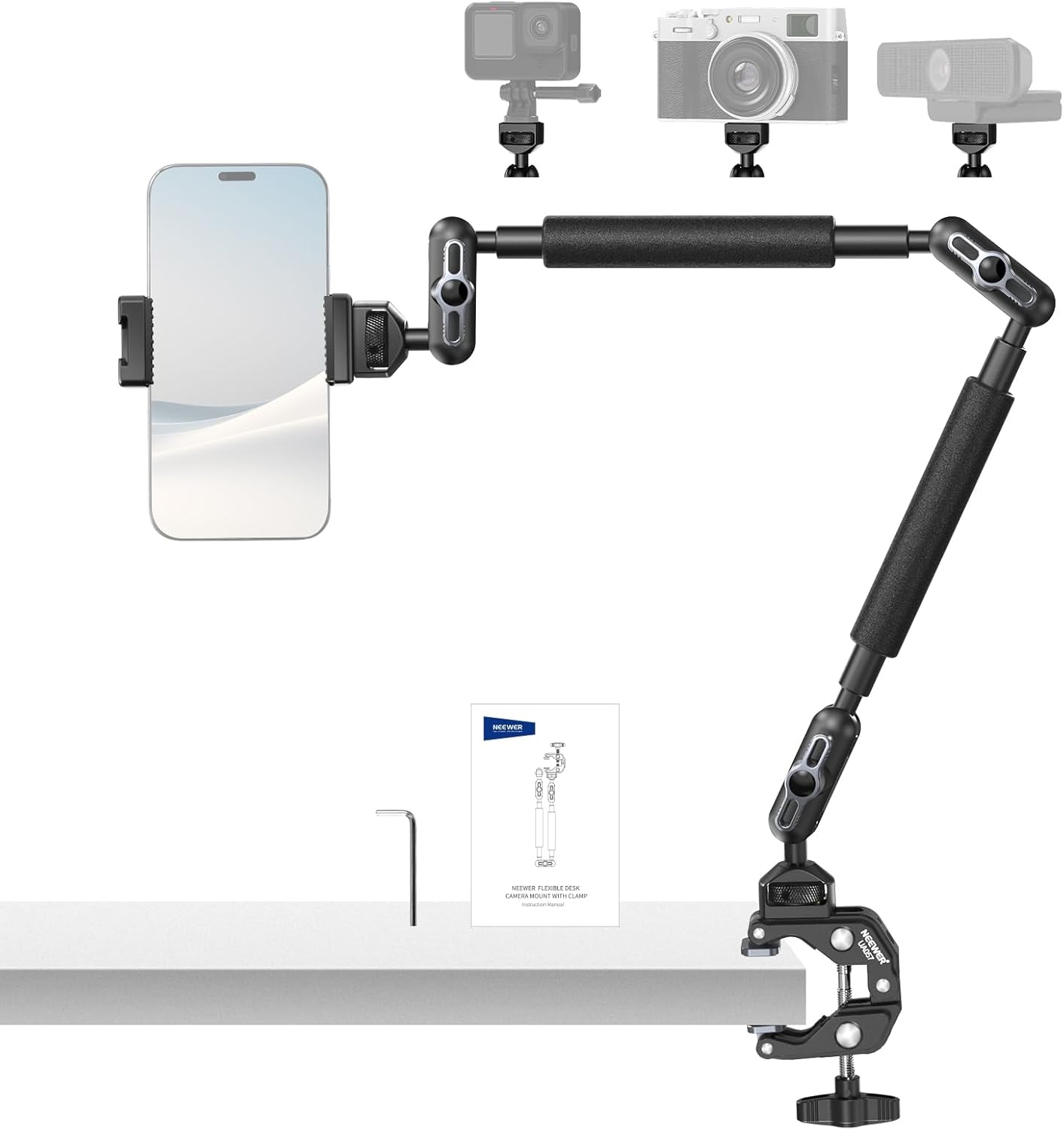 Bras Magique 55cm avec Pince, Support Caméra Articulé Bureau avec Deux Rotules, Filetages 1/4" 3/8" pour Arri, Support Téléphone Compatible avec iPhone DSLR Action Cam Éclairage Vidéo, UA057