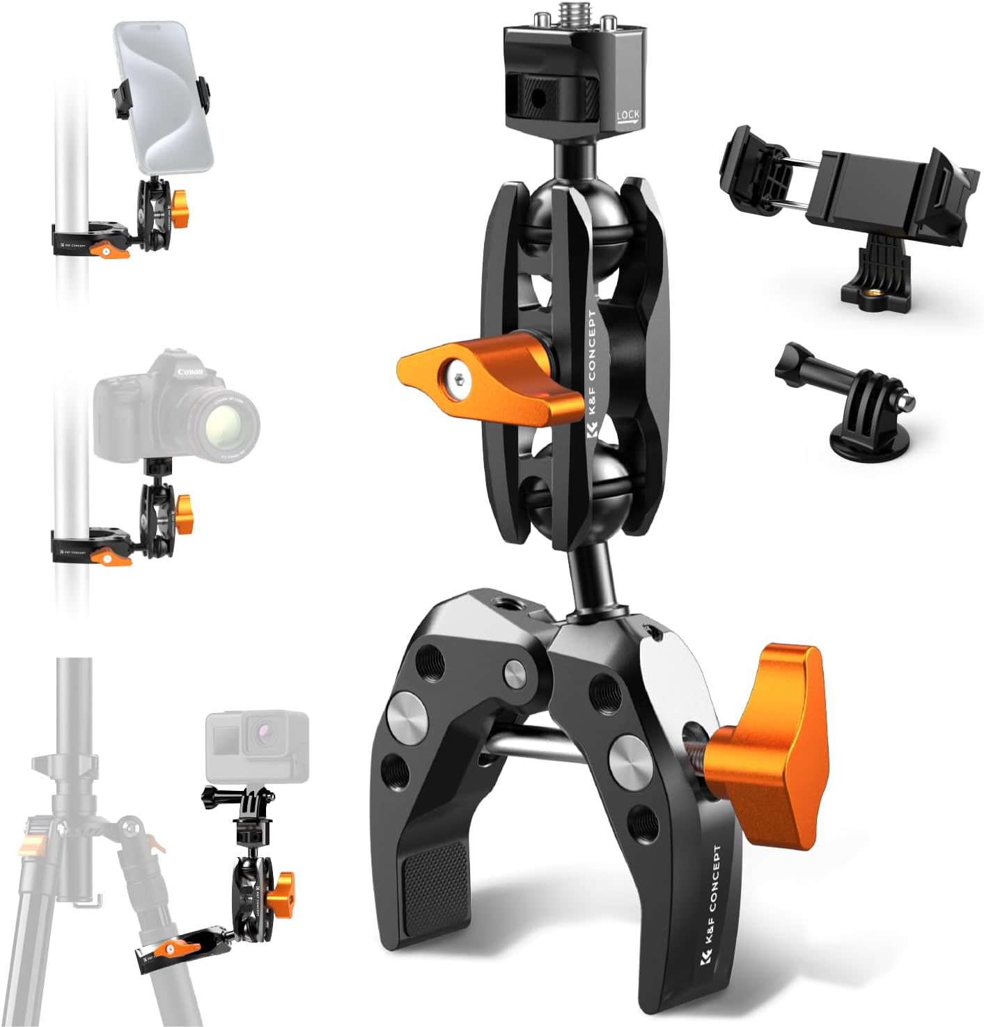 K&F Concept Bras Magique avec Super Clamp Bras à rotule 360° Support avec Pince et Adaptateur pour Appareil Photo Smartphone GoPro Caméra d'action Flash DSLR Stabilisateur - M13 MS13 Noir et Orange
