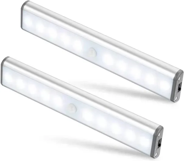 Lot de 2 Lampes 10 LED, Sans Fil, Rechargeable par USB, Aimanté, Détecteur de Mouvement, 2 Modes d’Éclairage, Portable - Lumière de Placard, Baladeuse de Secours, Veilleuse Enfant, Appoint … Argenté 2 PACK