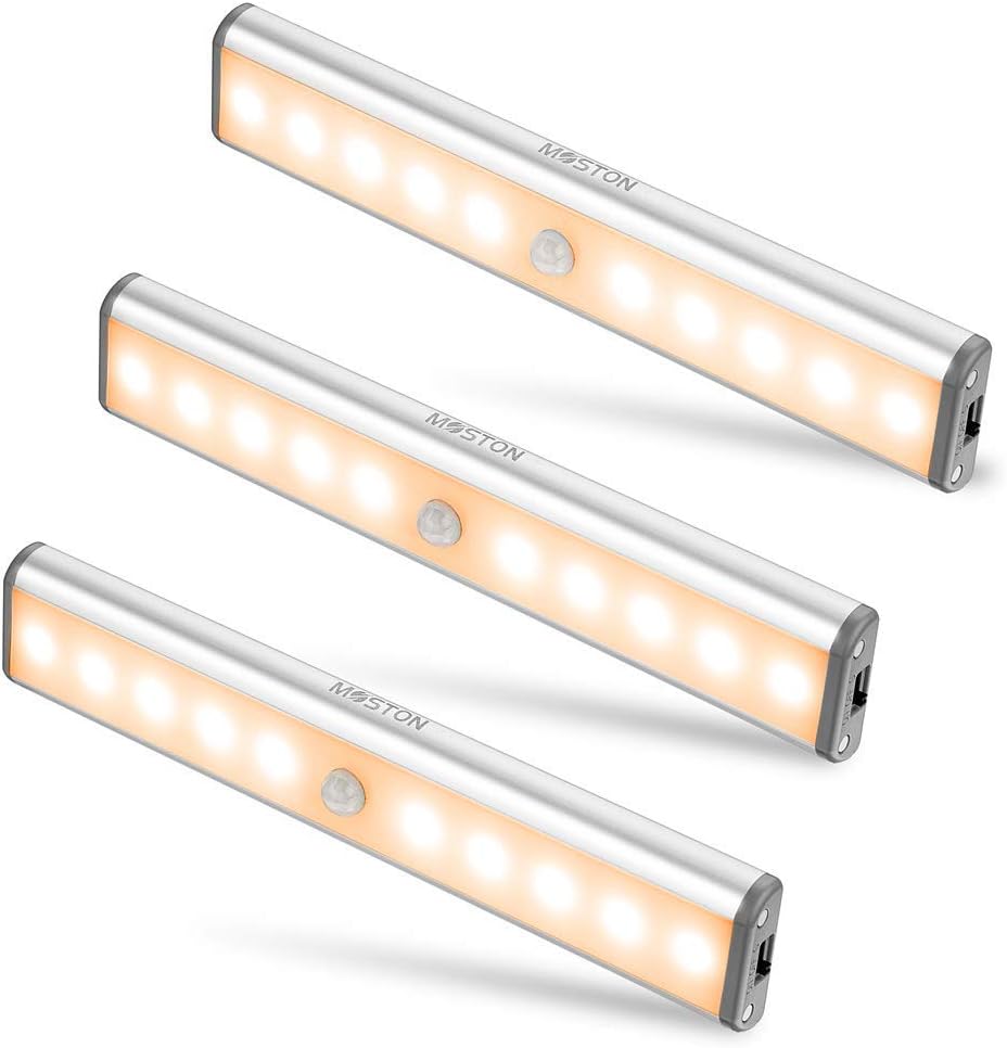Lumières de placard à détecteur de mouvement, éclairage sans fil sous armoire de MOSTON 10 LED avec batterie rechargeable intégrée, veilleuse magnétique autocollante Anywhere pour armoire de cuisine 10 Led Warm 3 PACK