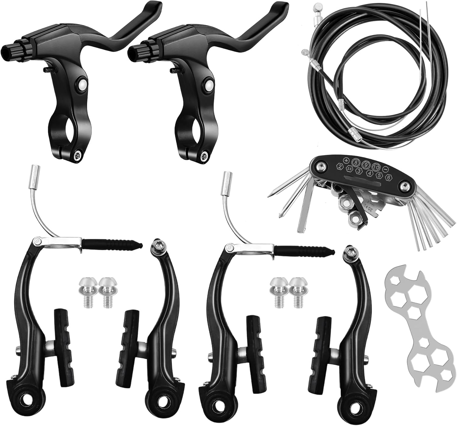 Hmfmdy Kit de frein de vélo, kit de frein pour la plupart des vélos, VTT, frein hybride universel avant et arrière, kit de leviers de câble d'étrier de frein, clé à vis multi-outils Noir et outils