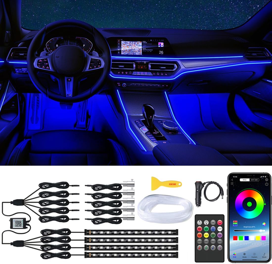 Lumières d'intérieur de voiture avec application sans fil et télécommande, kit d'éclairage d'ambiance RVB 9 en 1 avec 4 lumières sous le tableau de bord et 5 bandes LED à fibre optique,