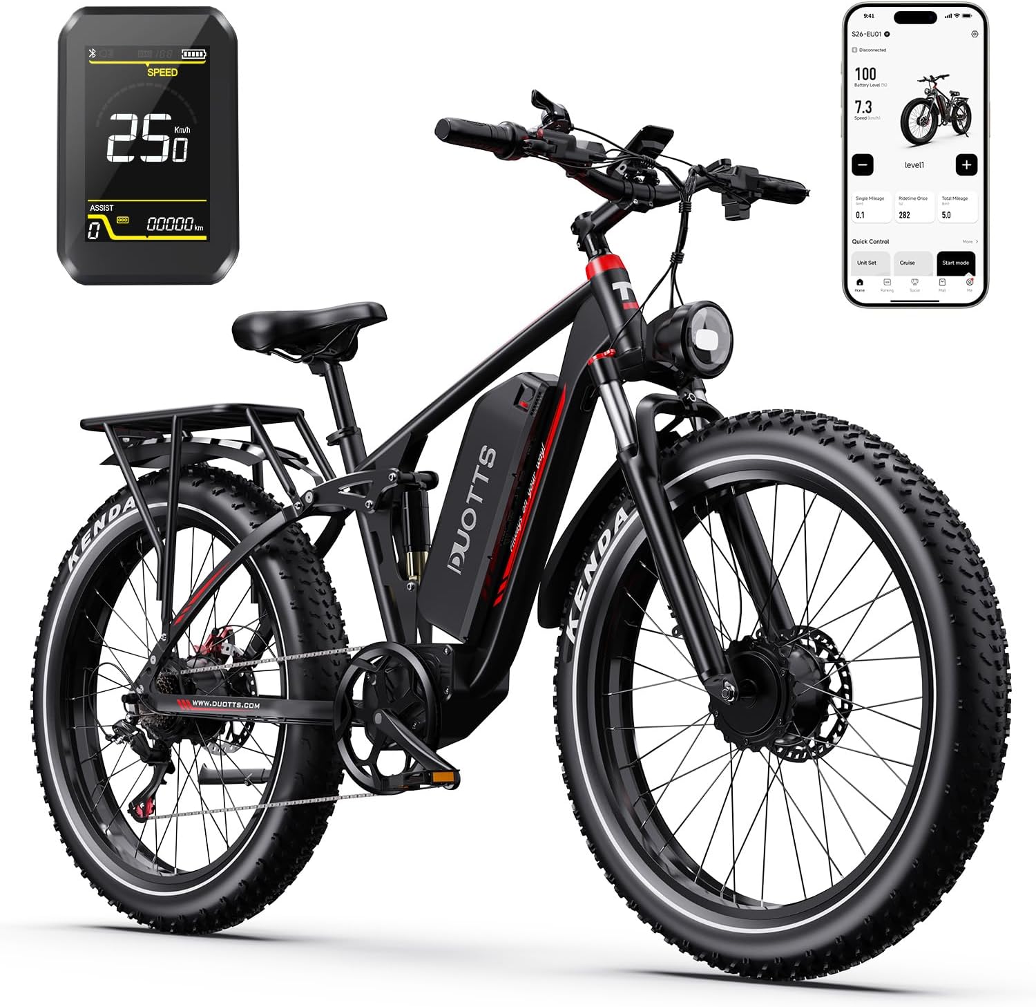 S26 Vélo Électrique à Double Moteur 250W, Ebike Tout Terrain à Pneus Fat avec Batterie 48V 20Ah, VTT Électrique 26 * 4,0 Pouces, Autonomie 120KM, Freins Hydrauliques et Application Bluetooth