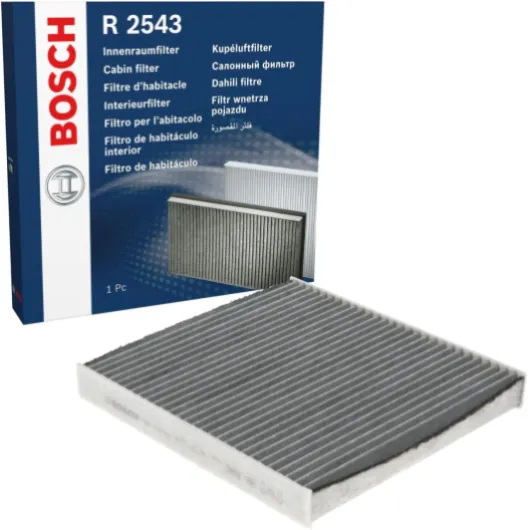 Bosch R2543 Filtre d'Habitacle à Charbon Actif de Remplacement - Contre les Mauvaises Odeurs, le Pollen et la Poussière pour un air plus pur à l’Intérieur du Véhicule Anti-odeurs au charbon actif