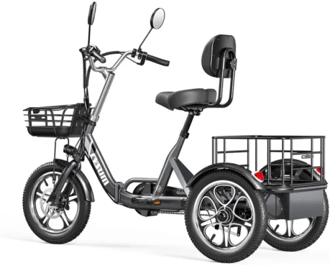 Cysum T1 Pro Tricycle électrique pour Adultes, 3 Roues Pliant vélo électrique, Batterie Lithium 48v 22 ah, 16'' Cargo E-Tricycle Homme Femme,Moteur de 250 W 16'' gris