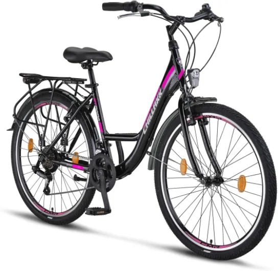 Chillaxx Bike Strada Premium City Bike de 26 et 28" – Vélo pour filles, garçons, hommes et femmes – Dérailleur 21 vitesses – Vélo de ville hollandais 26'' Frein en V noir et rose