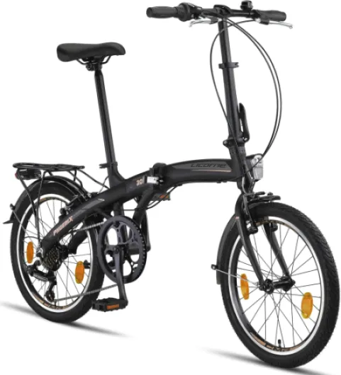Licorne Bike Phoenix Vélo pliable en aluminium pour homme et femme avec dérailleur à 7 vitesses - Cadre en aluminium - Couverture StVZO - Feu avant et arrière noir/or Frein en V