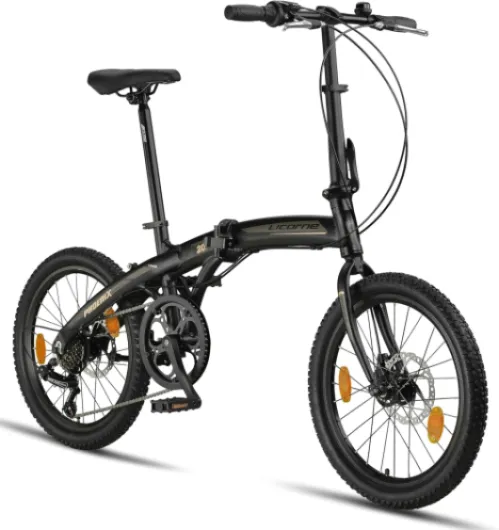 Licorne Bike Phoenix 2D Cross Vélo pliant en aluminium 20" avec frein à disque et frein à disque Pour homme et femme Dérailleur 7 vitesses Cadre en aluminium noir/or Spoke Wheels