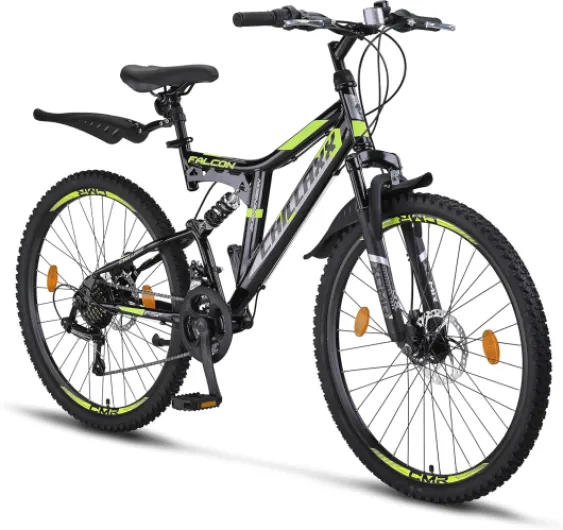 Chillaxx Falcon VTT de 24, 26, 27,5 et 29″, pour garçons, filles, femmes et hommes, frein à disque, dérailleur à 21 vitesses, suspension complète 26'' Frein à disque noir/citron vert