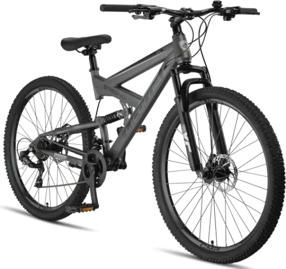 Licorne Bike Strong 2D Premium Mountain Bike 26, 27,5 et 29 pouces pour garçons, filles et hommes, frein à disque avant et arrière, boîte de vitesses 21 vitesses, suspension complète Gris anthracite 73,6 cm