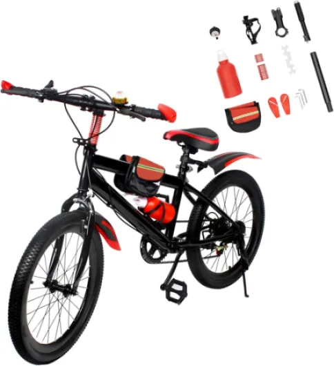 Vélo VTT 20 pouces, 7 vitesses pour garçons et filles avec gourde, sac de rangement, cloche de boussole, vélo en acier au carbone, capacité de charge : 85 kg rouge