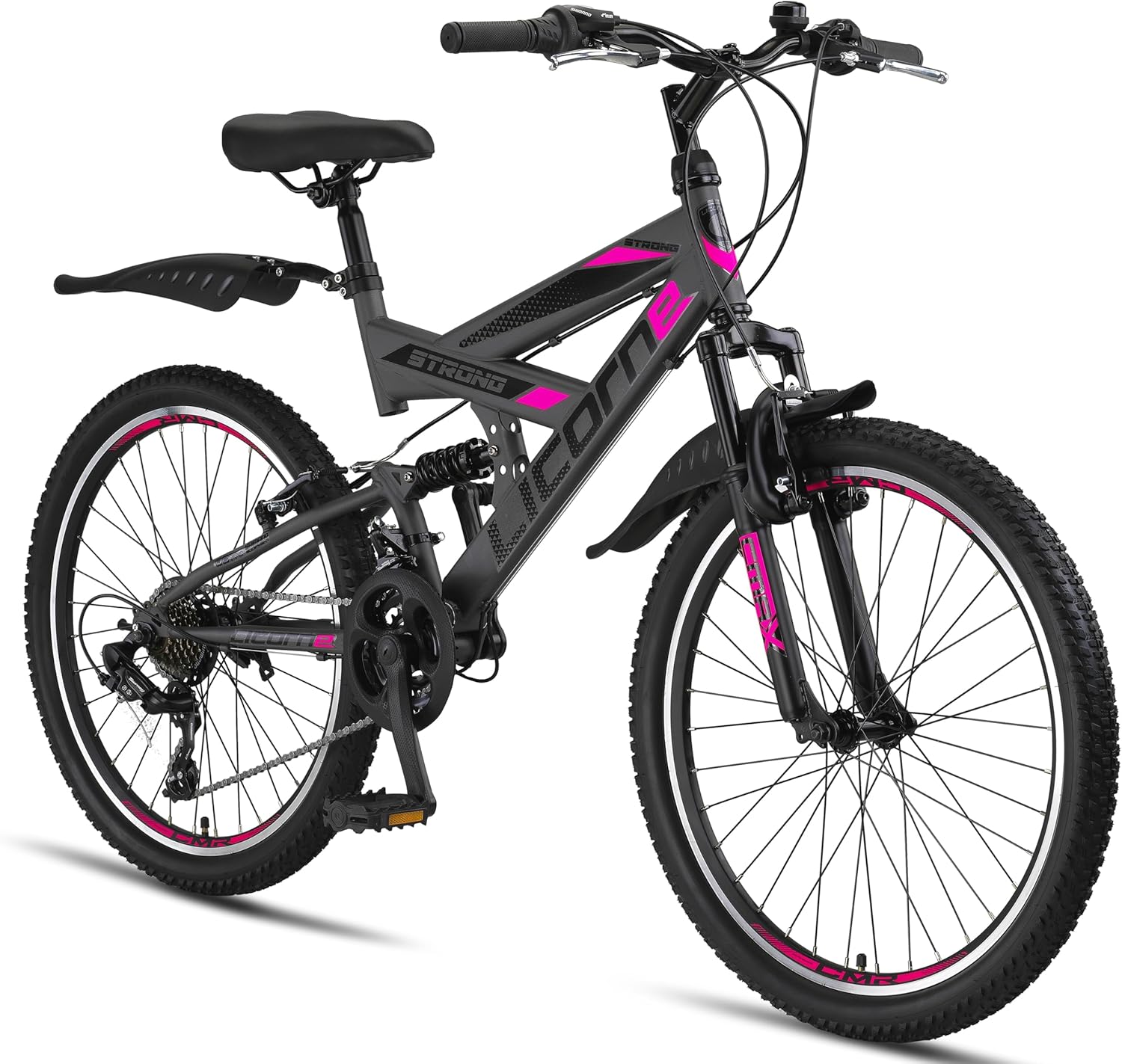 Licorne Bike VTT en V de qualité supérieure de 24 et 26 pouces - Vélo pour garçons, filles, femmes et hommes - 21 vitesses - Suspension complète anthracite/rose 24 Pouces